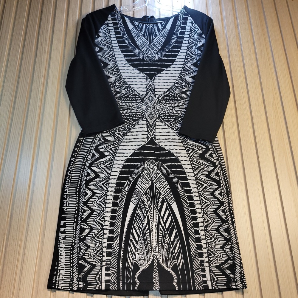 Stitch Between Black White Geometric Tribal Print 3/4 Sleeve Sheath Dress Large